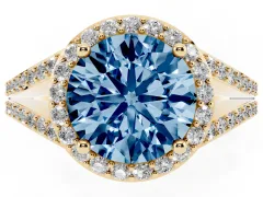 Fancy Blue Round Cut Diamond Halo Split Shank Ring Set in Yellow gold with Accent Stones and Prong Setting