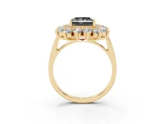 Fancy Black Princess Cut Diamond Floral Double Halo Ring Set in Yellow gold with Round Petals