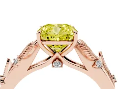 Fancy Yellow Cushion Cut Diamond Solitaire Ring Set in Rose gold with Leaf Motif Band