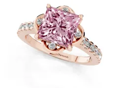 Fancy Pink Princess Cut Diamond Solitaire Ring Set in Rose gold with Pavé Band and Floral Prong Setting