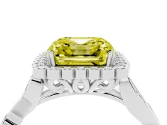 Fancy Yellow Asscher Cut Diamond Halo Ring Set in White gold with Leaf Motif Split Shank and Prong Setting