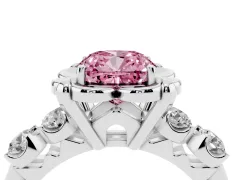 Fancy Pink Cushion Cut Diamond Floral Halo Ring Set in Platinum with Shared Prong Band