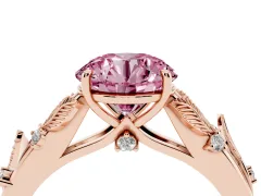 Fancy Pink Round Cut Diamond Solitaire Ring Set in Rose gold with Leaf Motif Band