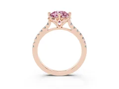 Fancy Pink Round Cut Diamond Solitaire Ring Set in Rose gold with Pavé Band and Floral Prong Setting