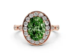 Fancy Green Oval Cut Diamond Halo Engagement Ring Set in Rose gold with Twisted Band and Prong Setting