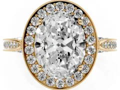 Oval Cut Diamond Halo Engagement Ring Set in Yellow gold with Accent Split Shank Band