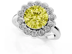 Fancy Yellow Round Cut Diamond Halo Cluster Engagement Ring Set in Platinum with Solitaire Band and Prong Setting