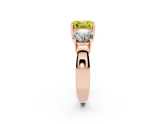 Fancy Yellow Asscher Cut Diamond Three-Stone Ring Set in Rose gold with Round Side Stones and Classic Band