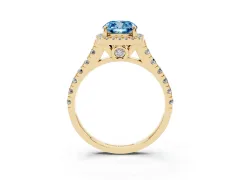 Fancy Blue Cushion Cut Diamond Halo Engagement Ring Set in Yellow gold with Pavé Band and Prong-Set Center