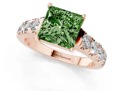 Fancy Green Princess Cut Diamond Solitaire Ring Set in Rose gold with Cut-Down Micro Pavé Band and Prong Setting