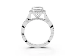 Asscher Cut Diamond Halo Twist Band Solitaire Ring Set in Silver with Prong Setting