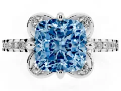 Fancy Blue Cushion Cut Diamond Solitaire Ring Set in Platinum with Pavé Band and Floral Prong Setting