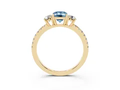 Fancy Blue Emerald Cut Diamond Three-Stone Ring Set in Yellow gold with Pavé Band and Graduated Sides