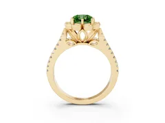 Fancy Green Radiant Cut Diamond Floral Halo Split Shank Engagement Ring Set in Yellow gold with Pavé Shank