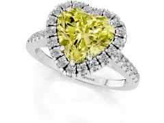 Fancy Yellow Heart Cut Diamond Pavé Halo Engagement Ring Set in Platinum with Pavé Band and Prong Setting