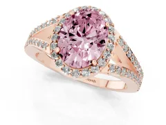 Fancy Pink Oval Cut Diamond Halo Split Shank Pavé Ring Set in Rose gold with Prong Setting
