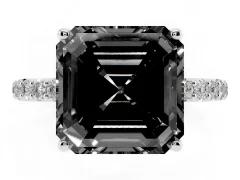 Fancy Black Asscher Cut Diamond Solitaire Engagement Ring Set in Platinum with Round Pavé Band and Prong Setting