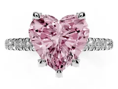 Fancy Pink Heart Cut Diamond Solitaire Ring Set in Platinum with Brilliant Pavé Band and Prong Setting