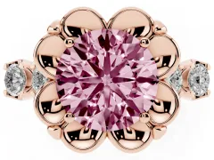 Fancy Pink Round Cut Diamond Floral Halo Ring Set in Rose gold with Shared Prong Band