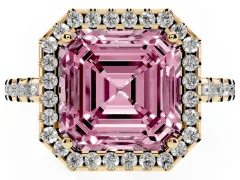 Fancy Pink Asscher Cut Diamond Halo Ring Set in Yellow gold with Pavé Shoulders and Halo-Framed Center