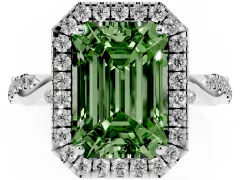 Fancy Green Emerald Cut Diamond Halo Twist Band Solitaire Ring Set in Platinum with Prong Setting