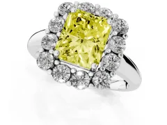 Fancy Yellow Radiant Cut Diamond Halo Cluster Engagement Ring Set in White gold with Polished Band and Prong Setting