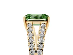 Fancy Green Emerald Cut Diamond Split Shank Pavé Engagement Ring Set in Yellow gold with Prong-Held Center Stone