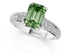 Fancy Green Emerald Cut Diamond Solitaire Ring Set in White gold with Multi-Row Round Pavé Band and Prong Setting