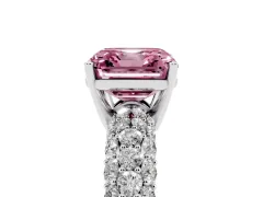 Fancy Pink Asscher Cut Diamond Pavé Band Solitaire Ring Set in Platinum with Close-Set Accent Stones and Prong Setting
