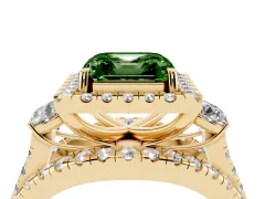 Fancy Green Asscher Cut Diamond Halo Split Shank Ring Set in Yellow gold with Round Accent Stones and Prong Setting