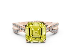 Fancy Yellow Asscher Cut Diamond Twist Pavé Solitaire Engagement Ring Set in Rose gold with Prong Setting