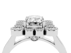 Emerald Cut Diamond Cluster Halo Ring Set in Platinum with Milgrain Bezel Accents and Plain Band