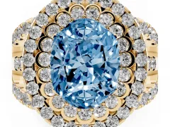 Fancy Blue Oval Cut Diamond Double Halo Ring Set in Yellow gold with Round Pavé Split Shank