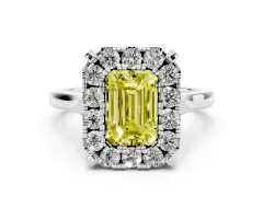 Fancy Yellow Emerald Cut Diamond Cluster Halo Solitaire Ring Set in White gold with Prong Setting