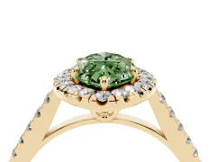 Fancy Green Marquise Cut Diamond Pavé Halo Engagement Ring Set in Yellow gold with Pavé Band and Prong Setting