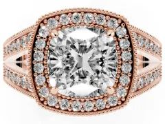 Cushion Cut Diamond Halo Ring Set in Rose gold with Stone-Set Split Shank and Milgrain Edges