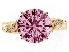 Fancy Pink Round Cut Diamond Vine Band Solitaire Ring Set in Yellow gold with Milgrain Prong Setting