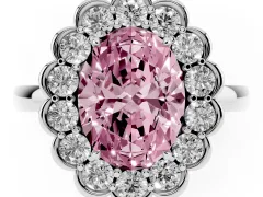 Fancy Pink Oval Cut Diamond Halo Cluster Engagement Ring Set in White gold with Solitaire Band and Prong Setting