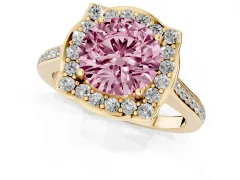 Fancy Pink Round Cut Diamond Halo Ring Set in Yellow gold with Pavé-Lined Shoulders and Prong Setting