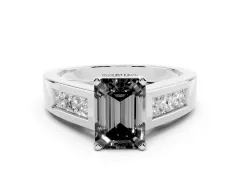 Fancy Black Emerald Cut Diamond Solitaire Ring Set in Silver with Channel-Set Accent Stones and Prong Setting