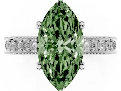 Fancy Green Marquise Cut Diamond Solitaire Ring Set in Platinum with Milgrain-Edged Pavé Band and Prong Setting
