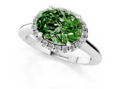 Fancy Green Oval Cut Diamond Halo Engagement Ring Set in Silver with Pavé Band and Rising Shoulders