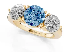 Fancy Blue Round Cut Diamond Three-Stone Ring Set in Yellow gold with Prong Setting and Plain Band