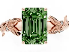 Fancy Green Emerald Cut Diamond Solitaire Ring Set in Rose gold with Leaf Motif Band