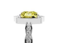 Fancy Yellow Princess Cut Diamond Halo Engagement Ring Set in Platinum with Milgrain Band and Prong Setting