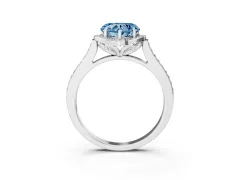 Fancy Blue Heart Cut Diamond Halo Ring Set in White gold with Pavé-Lined Shoulders and Prong Setting