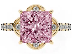 Fancy Pink Princess Cut Diamond Solitaire Ring Set in Yellow gold with Pavé Band and Floral Prong Setting