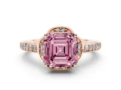 Fancy Pink Asscher Cut Diamond Halo Ring Set in Rose gold with Channel Set Band and Prong Setting