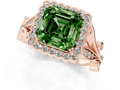 Fancy Green Asscher Cut Diamond Halo Ring Set in Rose gold with Leaf Motif Split Shank and Prong Setting