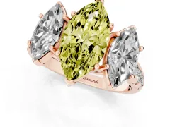 Fancy Yellow Marquise Cut Diamond Three-Stone Ring Set in Rose gold with Pavé Band